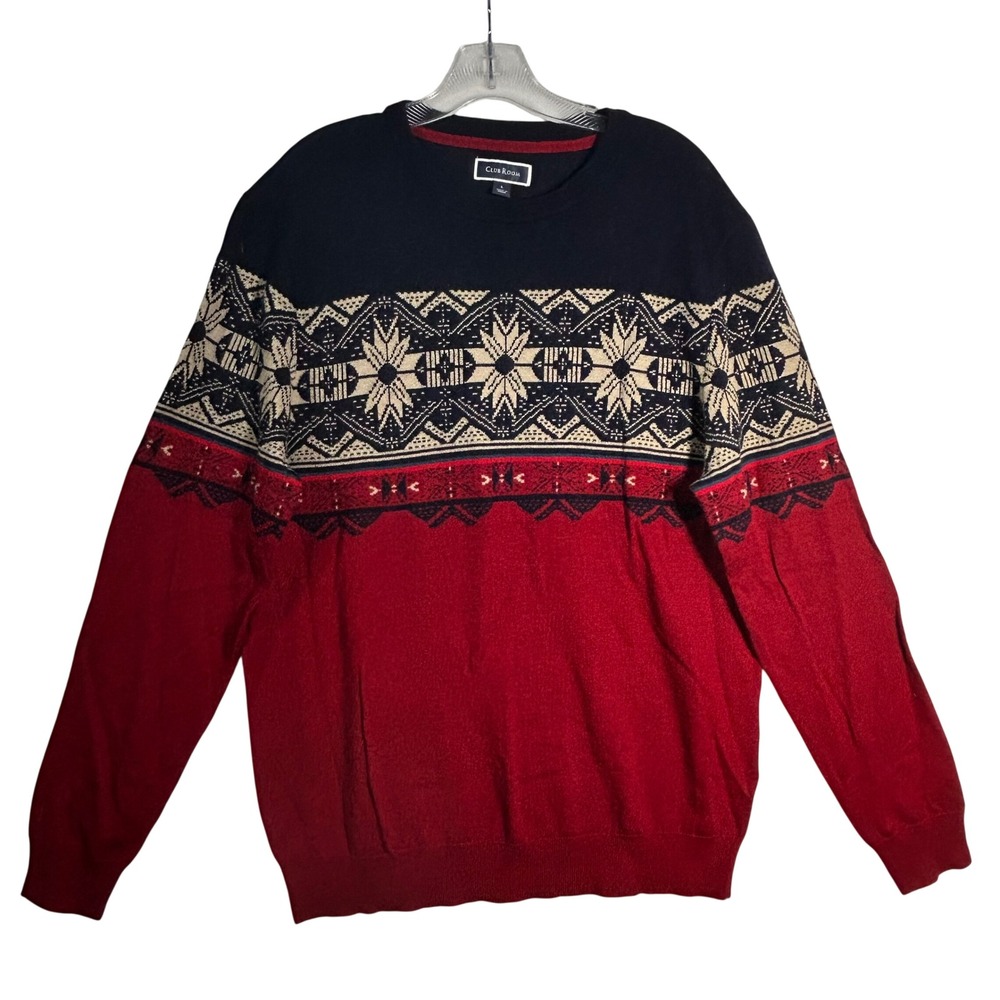 Club Room Mens Large Sweater Crew‎ Neck Red Blue Fair Isle Merino Wool Blend